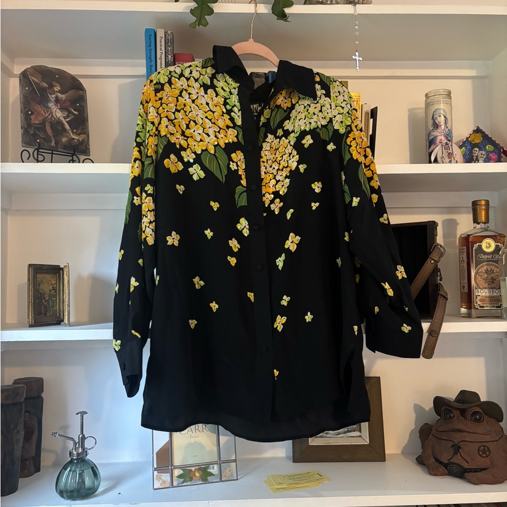 BOB MACKIE Wearable Art Black Floral Embellished Button Blouse 100 Silk SZ LRG